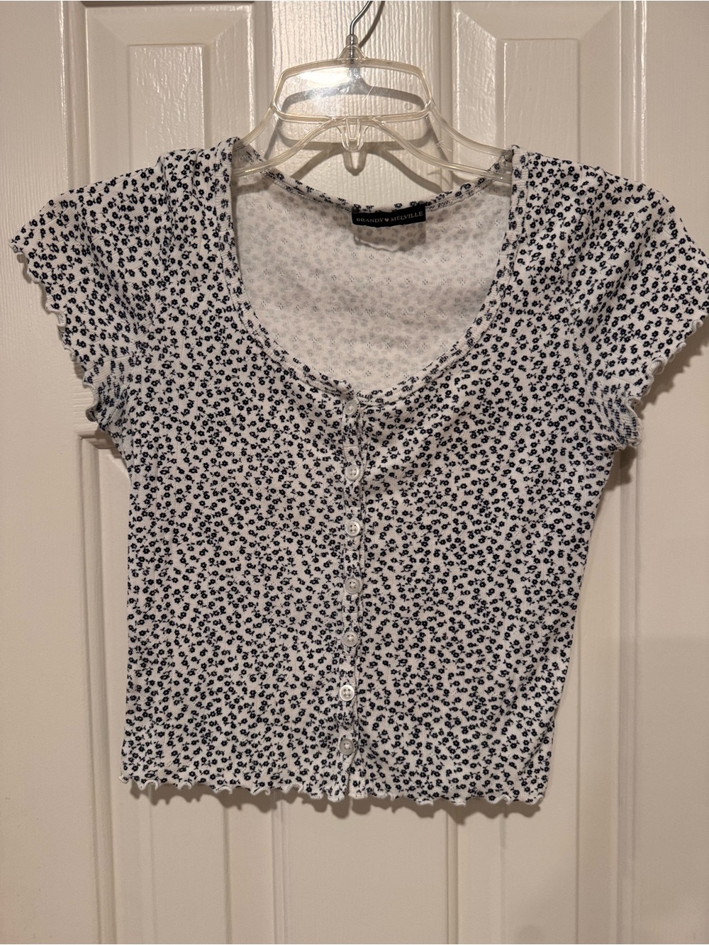 Brandy Melville Floral Button Front Baby Tee White & Navy